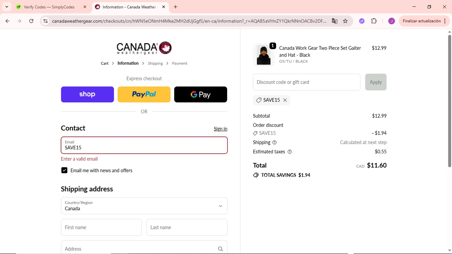 Canada Weather Gear promo code screenshot showing code SAVE15 applied at Canada Weather Gear checkout page. Uploaded by SimplyCodes community member NobleSaver3560 on Nov 24, 2025