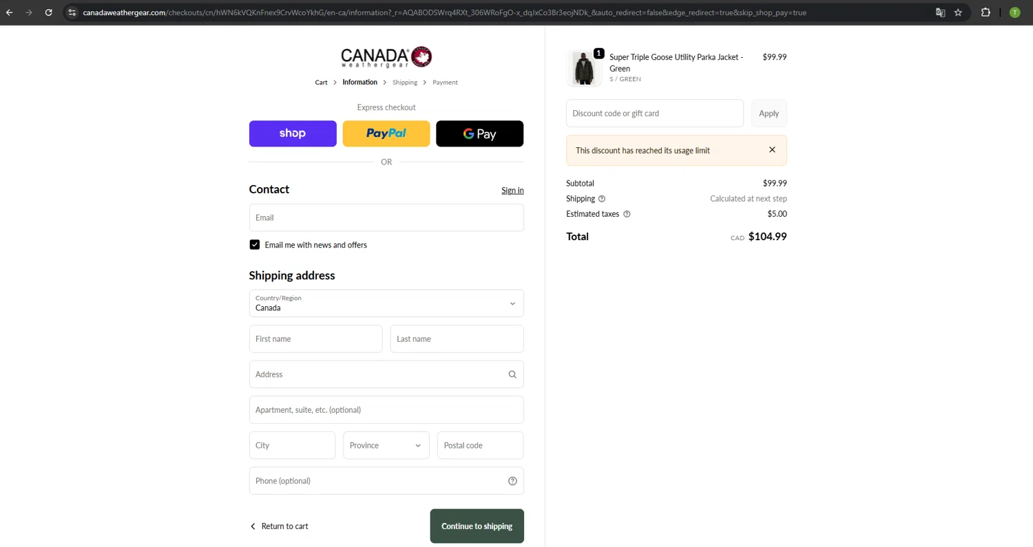 Canada Weather Gear promo code screenshot showing code SDDM2M7C applied at Canada Weather Gear checkout page. Uploaded by SimplyCodes community member SavvyNavigator1720 on Dec 23, 2025
