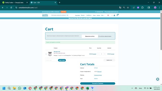 Canadian Insulin checkout page showing Canadian Insulin coupon code box | Screenshot taken by SimplyCodes community member on Jun 8, 2025