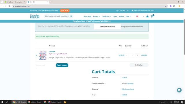 Canadian Insulin checkout page showing Canadian Insulin coupon code box | Screenshot taken by SimplyCodes community member on May 20, 2025