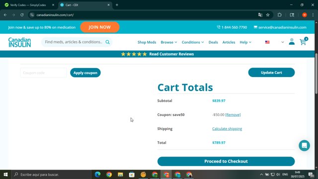 Canadian Insulin checkout page showing Canadian Insulin coupon code box | Screenshot taken by SimplyCodes community member on Jul 30, 2025