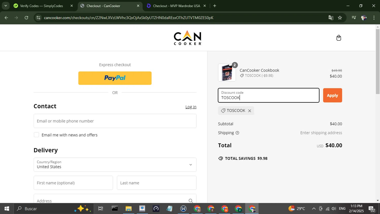 CanCooker promo code screenshot showing code TOSCOOK applied at CanCooker checkout page. Uploaded by SimplyCodes community member alfredohernandez on Feb 14, 2025