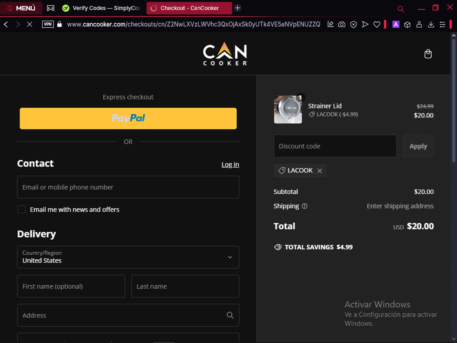 CanCooker promo code screenshot showing code LACOOK applied at CanCooker checkout page. Uploaded by SimplyCodes community member MoneyAce864 on Feb 14, 2025
