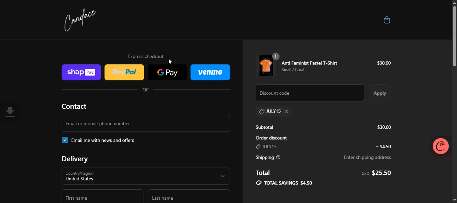 Candace Owens promo code screenshot showing code JULY15 applied at Candace Owens checkout page. Uploaded by SimplyCodes community member 111111 on Aug 7, 2025