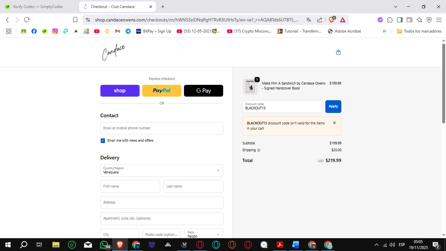 Candace Owens promo code screenshot showing code BLACKOUT15 applied at Candace Owens checkout page. Uploaded by SimplyCodes community member Sungjinwoo on Nov 19, 2025