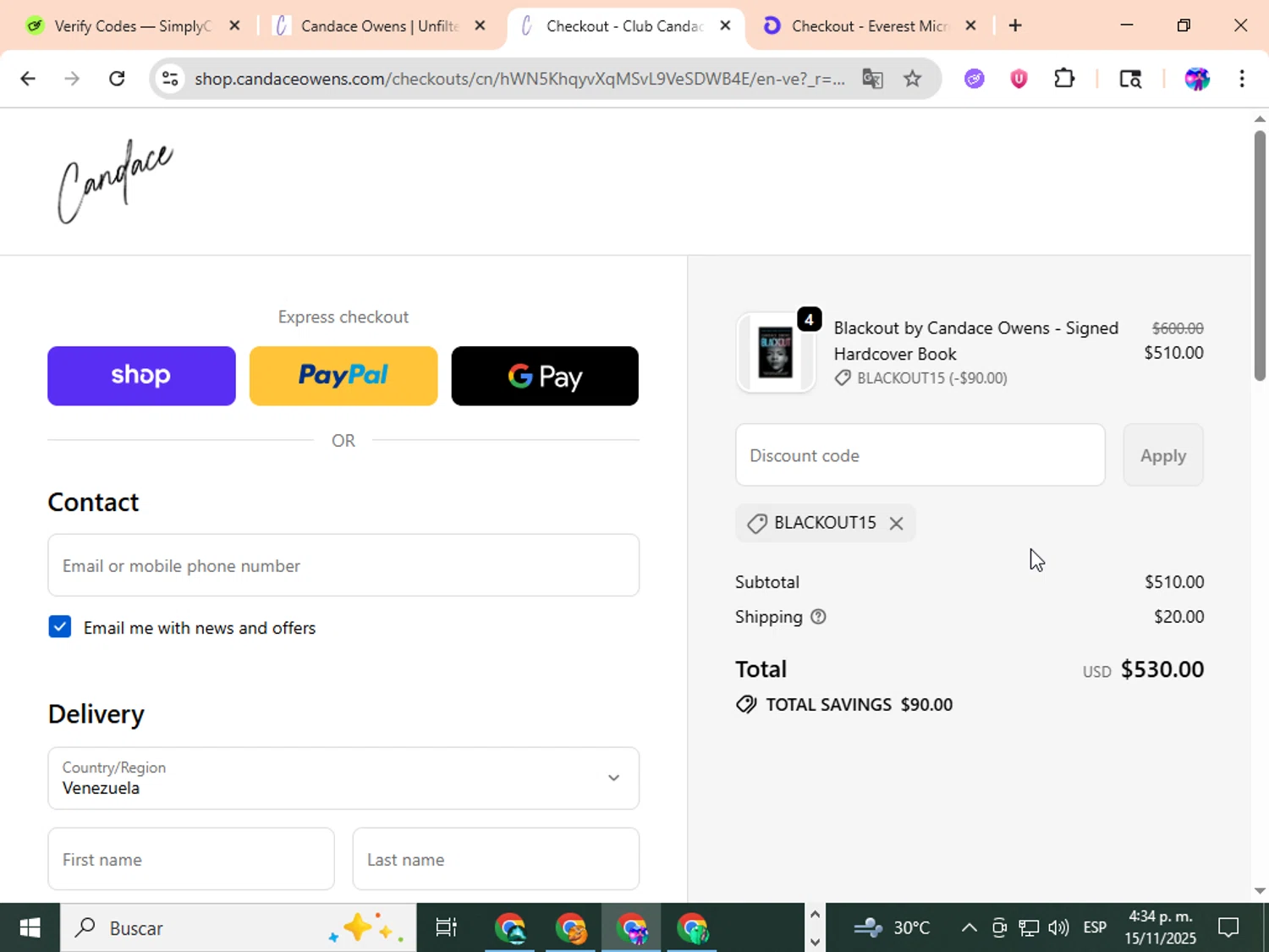Candace Owens promo code screenshot showing code BLACKOUT15 applied at Candace Owens checkout page. Uploaded by SimplyCodes community member ingric on Nov 15, 2025