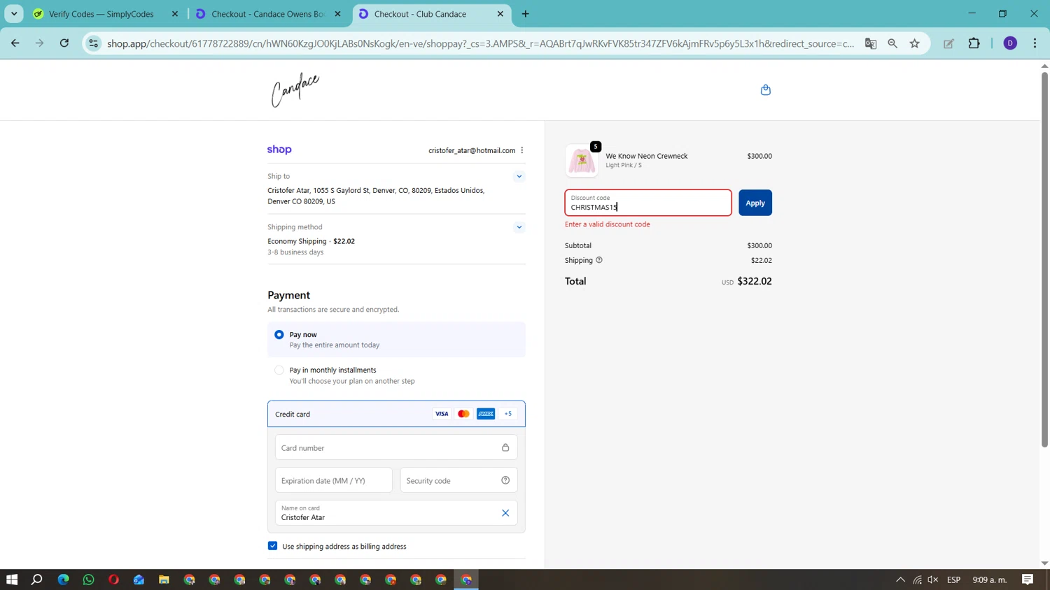 Candace Owens promo code screenshot showing code CHRISTMAS15 applied at Candace Owens checkout page. Uploaded by SimplyCodes community member Fundolaroca on Dec 3, 2025