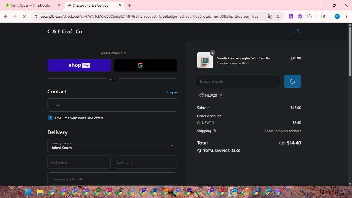 C & E Craft Co discount code screenshot showing code NEW20 applied at C & E Craft Co checkout page. Uploaded by SimplyCodes community member saltediosteve on Aug 9, 2025
