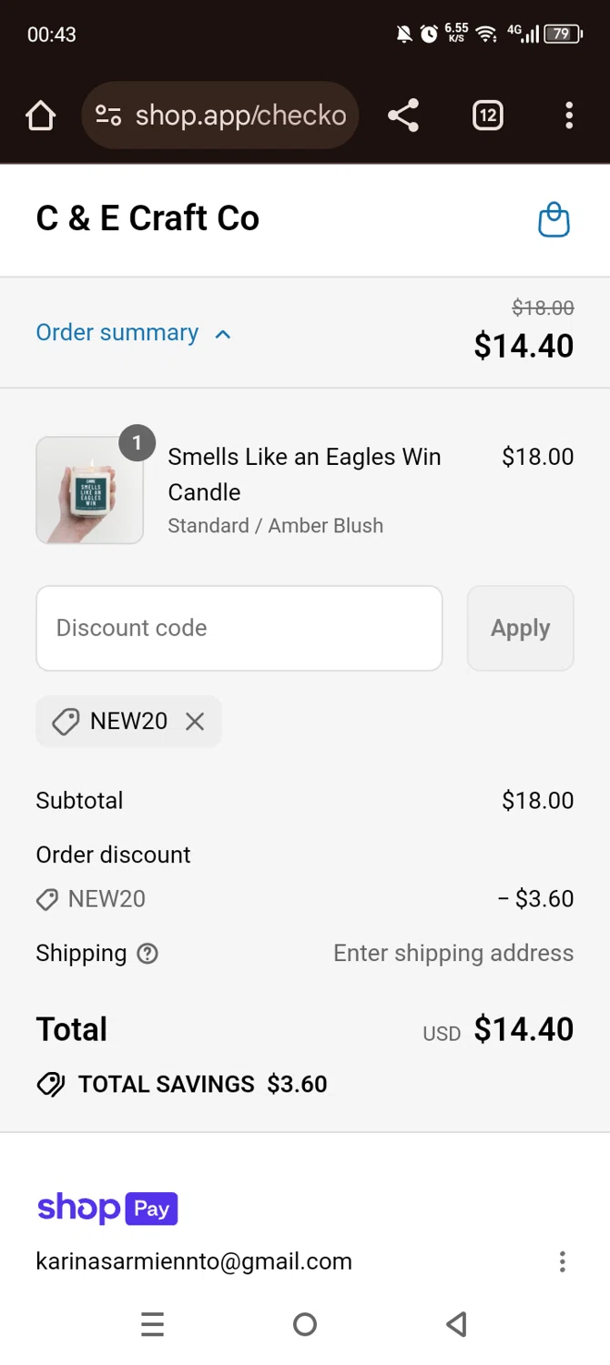 C & E Craft Co discount code screenshot showing code NEW20 applied at C & E Craft Co checkout page. Uploaded by SimplyCodes community member Olivatle on Jul 15, 2025