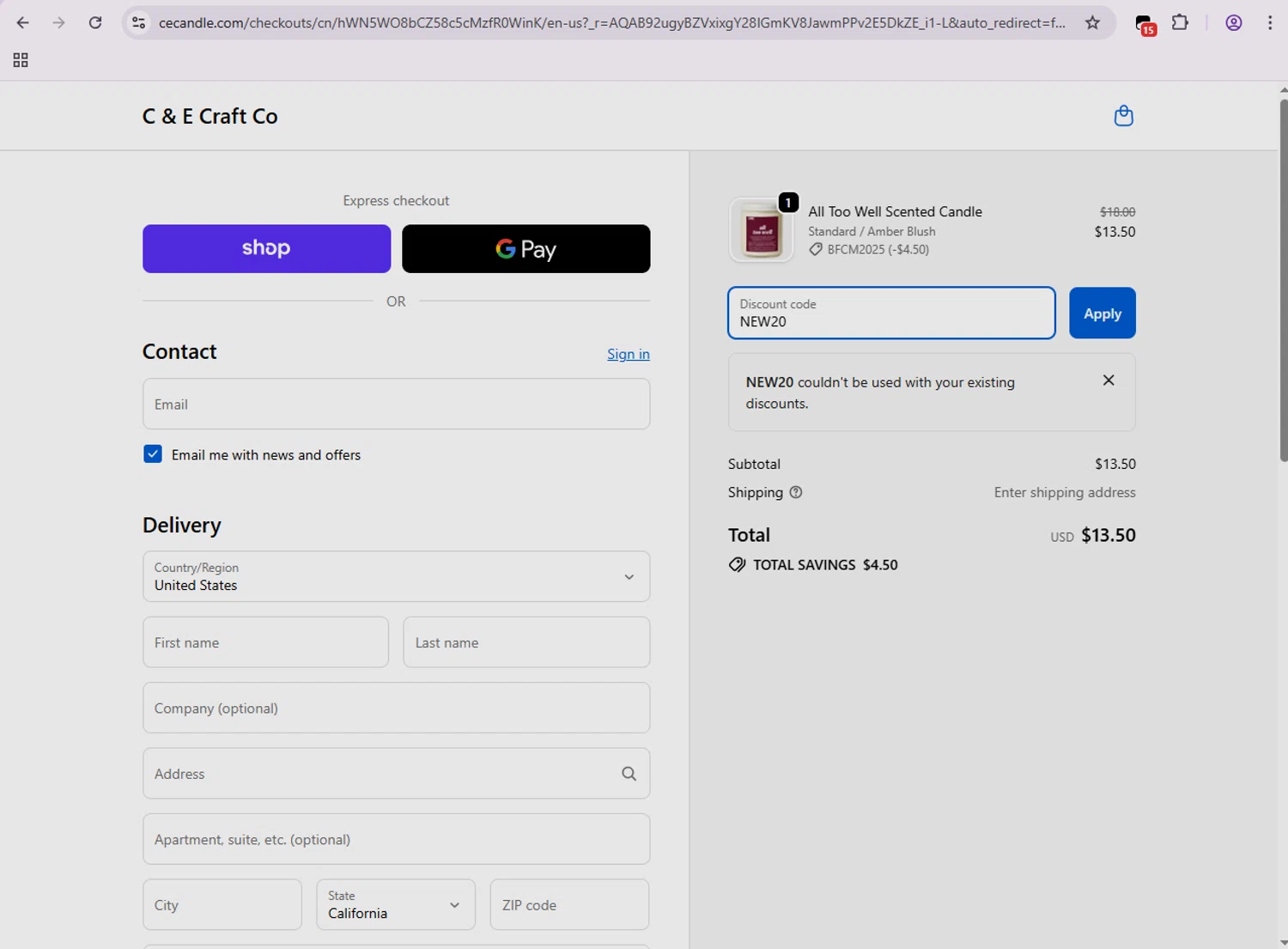C & E Craft Co discount code screenshot showing code NEW20 applied at C & E Craft Co checkout page. Uploaded by SimplyCodes community member SmartPilot7926 on Nov 20, 2025