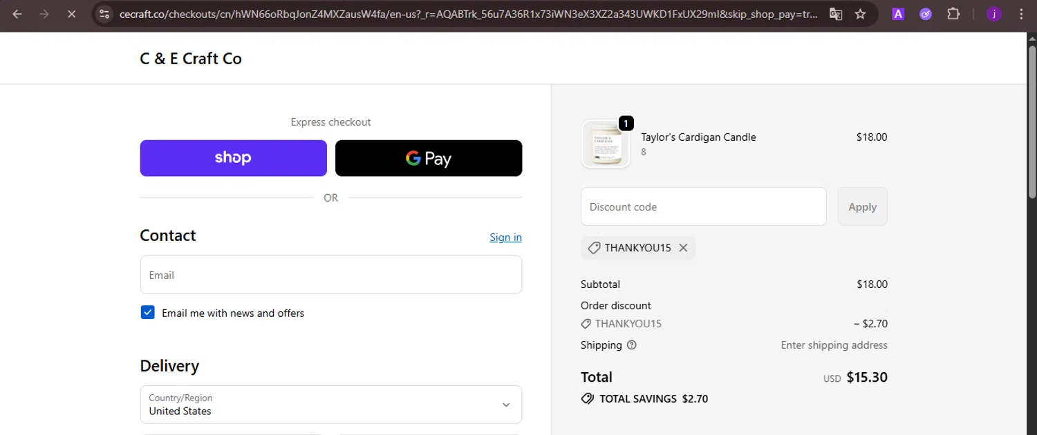 C & E Craft Co discount code screenshot showing code THANKYOU15 applied at C & E Craft Co checkout page. Uploaded by SimplyCodes community member CoinMaverick1452 on Dec 6, 2025