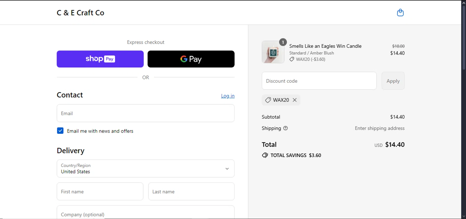 C & E Craft Co discount code screenshot showing code WAX20 applied at C & E Craft Co checkout page. Uploaded by SimplyCodes community member ArgoByte on Aug 17, 2025