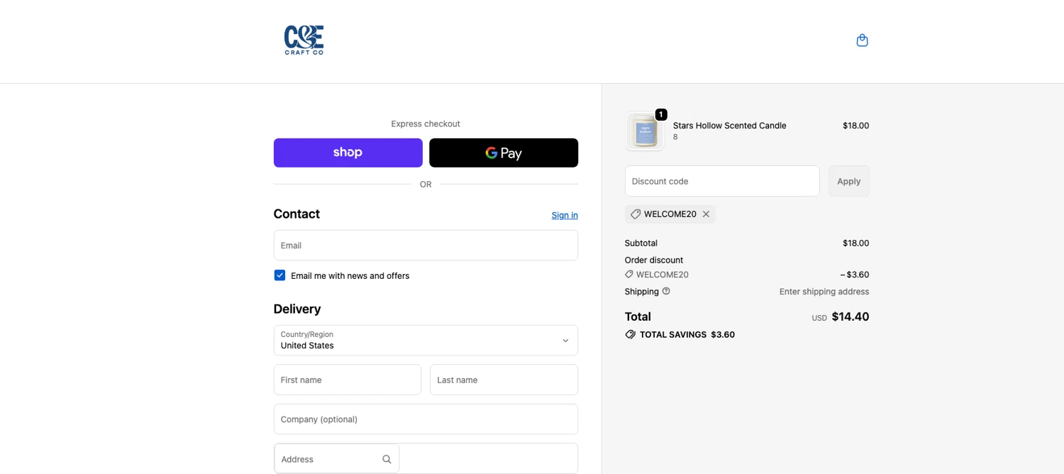C & E Craft Co discount code screenshot showing code WELCOME20 applied at C & E Craft Co checkout page. Uploaded by SimplyCodes community member ELOIN777 on Jan 23, 2026