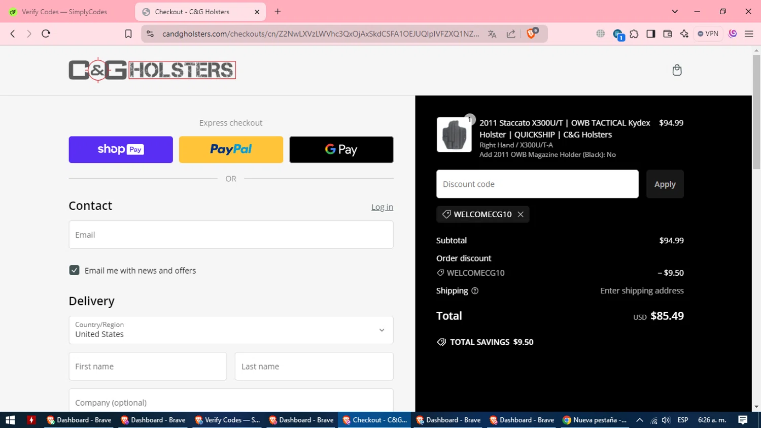 C&G Holsters promo code screenshot showing code WELCOMECG10 applied at C&G Holsters checkout page. Uploaded by SimplyCodes community member CleverSpotter2858 on Dec 30, 2024