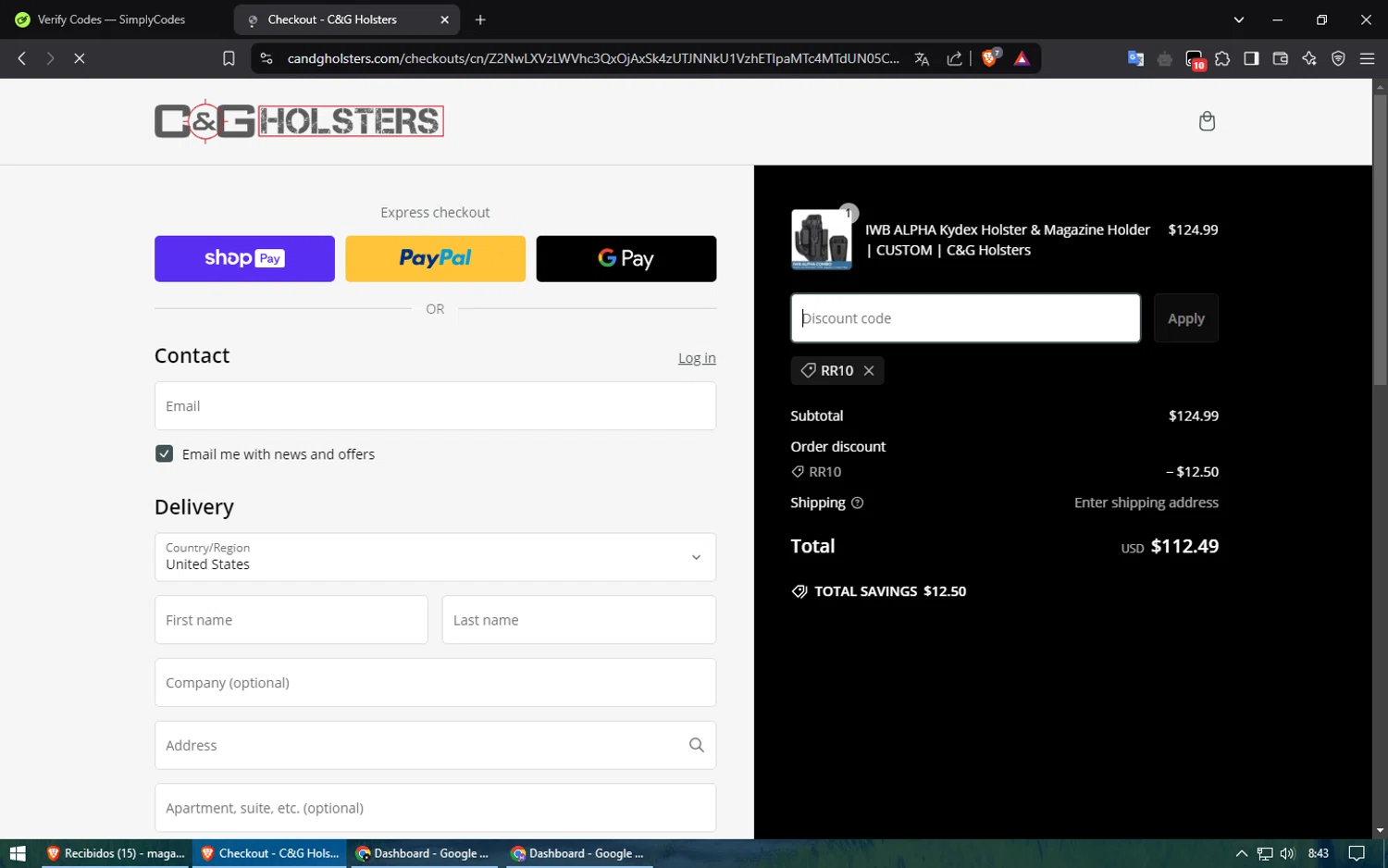 C&G Holsters promo code screenshot showing code RR10 applied at C&G Holsters checkout page. Uploaded by SimplyCodes community member ShieldElite2370 on Feb 27, 2025
