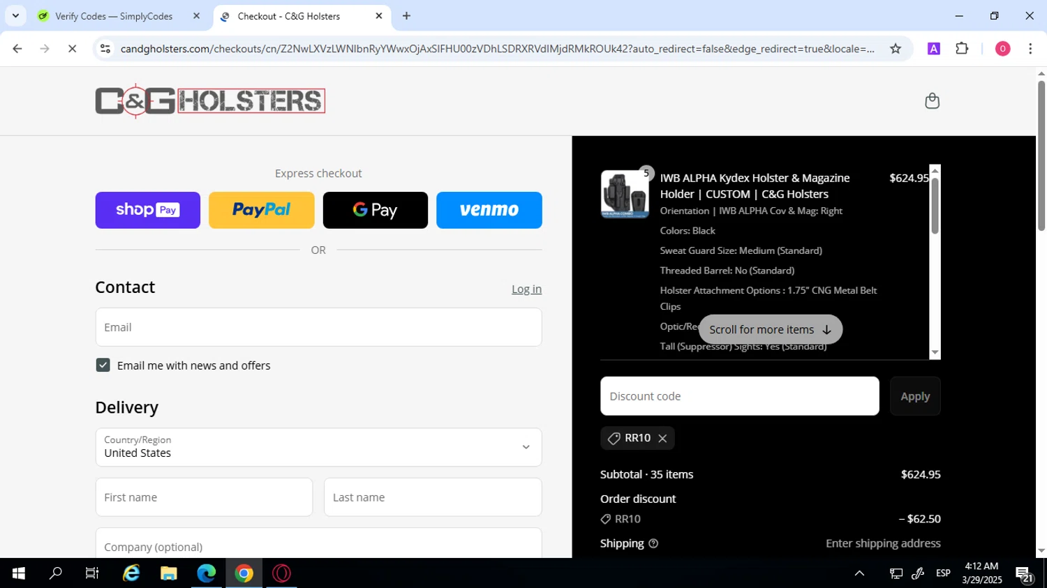 C&G Holsters promo code screenshot showing code RR10 applied at C&G Holsters checkout page. Uploaded by SimplyCodes community member SilverVirtuoso7221 on Mar 29, 2025