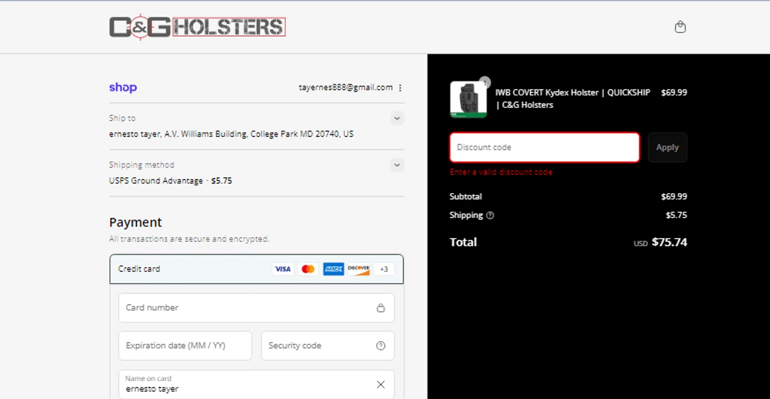 C&G Holsters promo code screenshot showing code LABORDAY25 applied at C&G Holsters checkout page. Uploaded by SimplyCodes community member STEFFANO007 on Sep 4, 2025