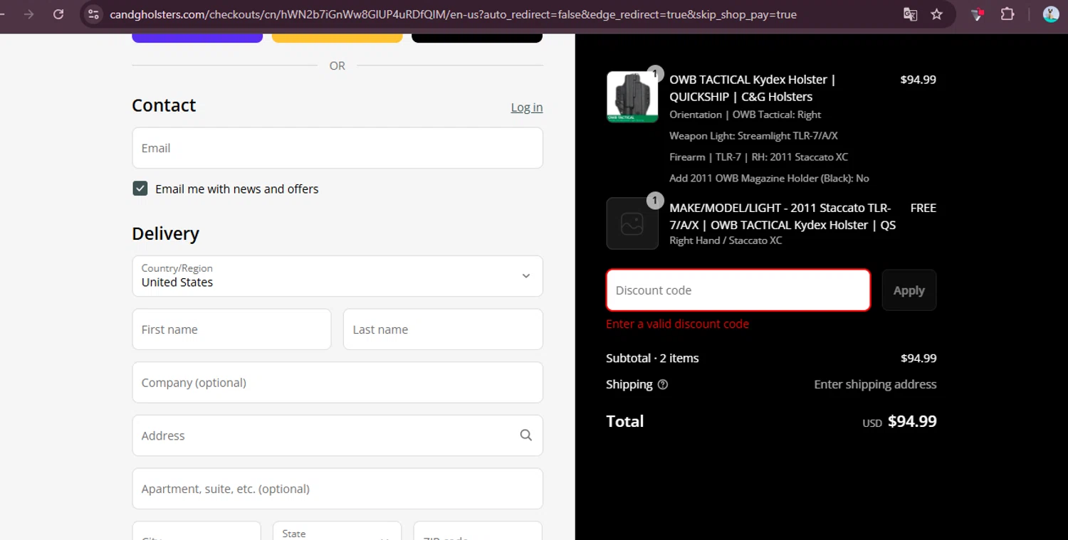 C&G Holsters promo code screenshot showing code LABORDAY25 applied at C&G Holsters checkout page. Uploaded by SimplyCodes community member elgatobravo on Sep 4, 2025