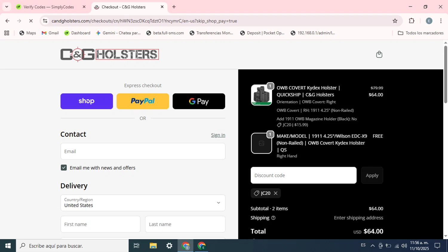 C&G Holsters promo code screenshot showing code JC20 applied at C&G Holsters checkout page. Uploaded by SimplyCodes community member Esteban on Oct 11, 2025