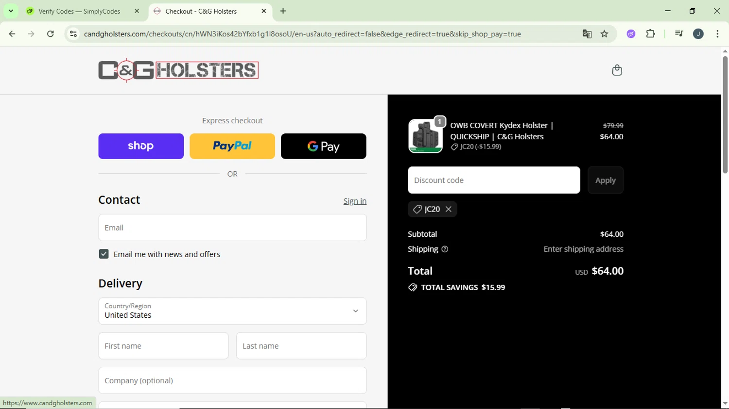 C&G Holsters promo code screenshot showing code JC20 applied at C&G Holsters checkout page. Uploaded by SimplyCodes community member GloriousCollector9930 on Oct 4, 2025