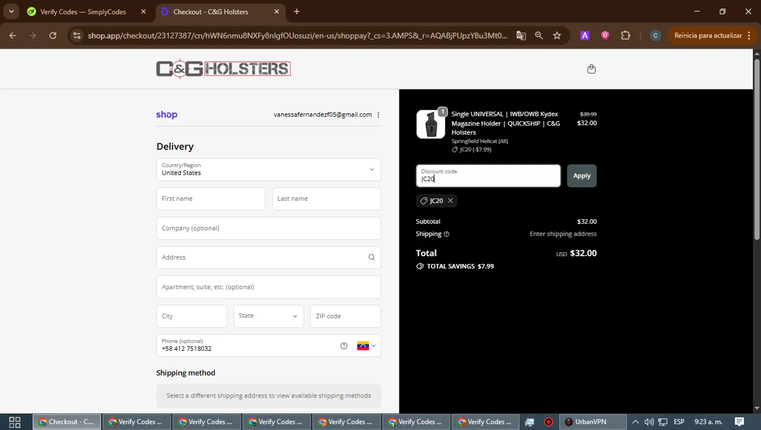 C&G Holsters promo code screenshot showing code JC20 applied at C&G Holsters checkout page. Uploaded by SimplyCodes community member benjamnlev on Dec 24, 2025