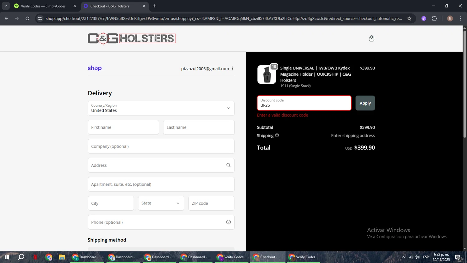 C&G Holsters promo code screenshot showing code BF25 applied at C&G Holsters checkout page. Uploaded by SimplyCodes community member DiscountPioneer2554 on Nov 30, 2025