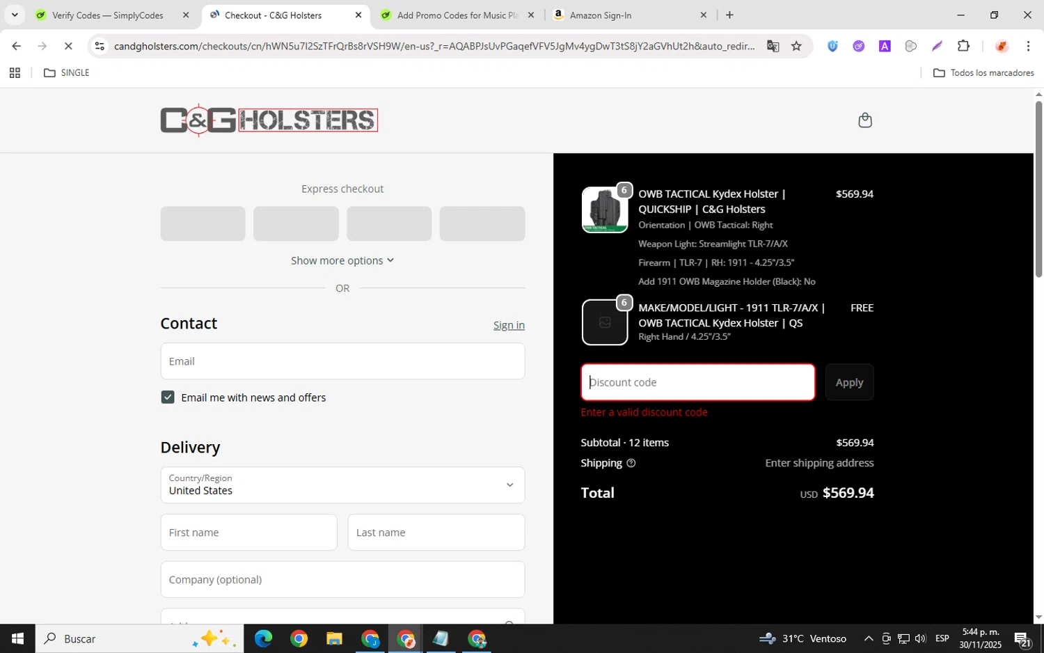 C&G Holsters promo code screenshot showing code BF25 applied at C&G Holsters checkout page. Uploaded by SimplyCodes community member donaldJtrump on Nov 30, 2025
