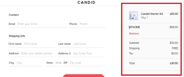 Candid Care checkout page showing Candid Care promo code box | Screenshot taken by SimplyCodes community member on May 12, 2021