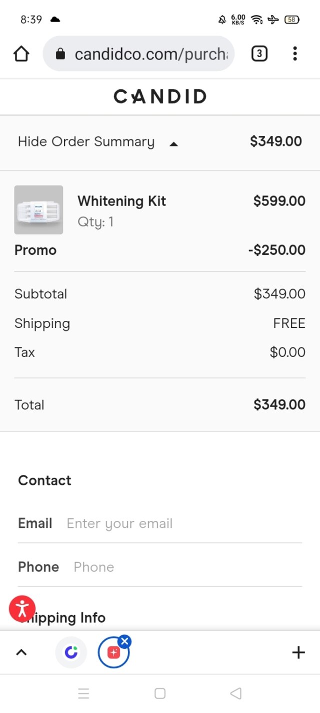 Candid Care checkout page showing Candid Care promo code box | Screenshot taken by SimplyCodes community member on Apr 12, 2022