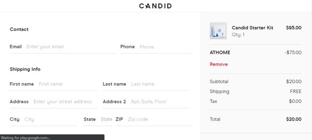 Candid Care checkout page showing Candid Care promo code box | Screenshot taken by SimplyCodes community member on Aug 13, 2021