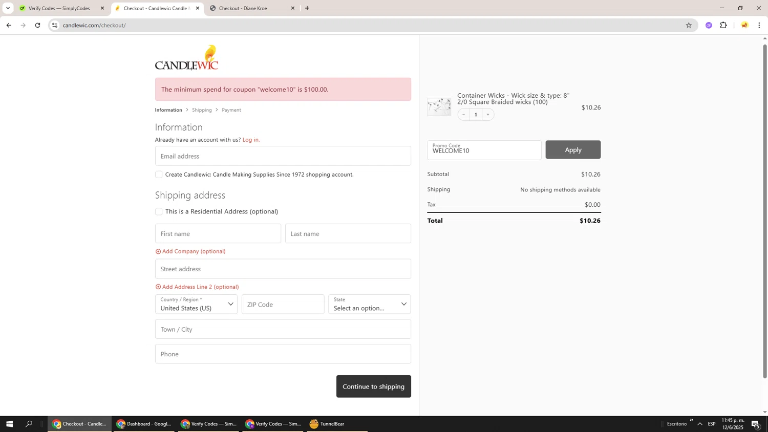 Candlewic promo code screenshot showing code WELCOME10 applied at Candlewic checkout page. Uploaded by SimplyCodes community member Richard251 on Jun 13, 2025