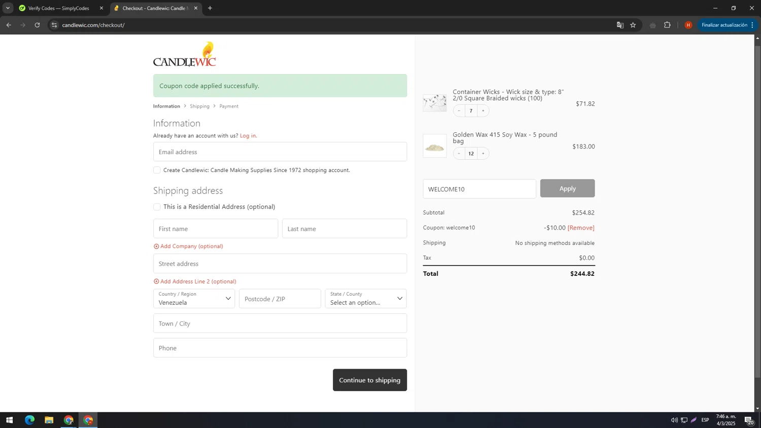 Candlewic promo code screenshot showing code WELCOME10 applied at Candlewic checkout page. Uploaded by SimplyCodes community member usename on Mar 4, 2025