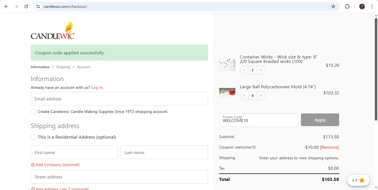 Candlewic promo code screenshot showing code WELCOME10 applied at Candlewic checkout page. Uploaded by SimplyCodes community member ShrewdDefender8496 on Dec 29, 2025