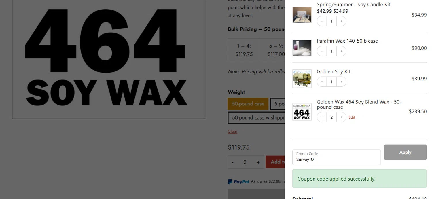 Candlewic promo code screenshot showing code Survey10 applied at Candlewic checkout page. Uploaded by SimplyCodes community member DavidMGF on Jun 20, 2025