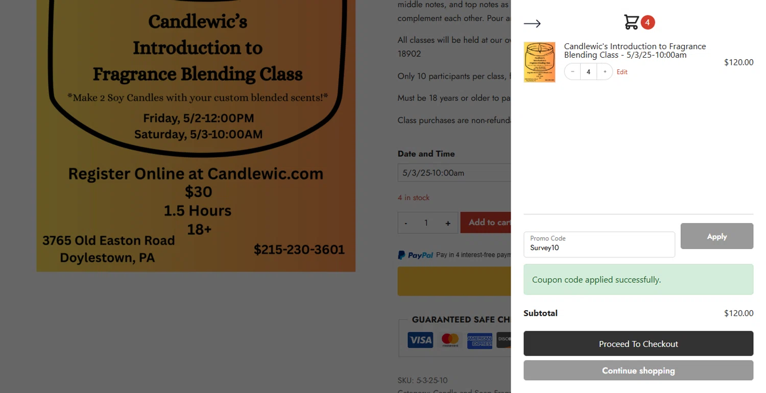 Candlewic promo code screenshot showing code Survey10 applied at Candlewic checkout page. Uploaded by SimplyCodes community member RewardLion6202 on Jun 13, 2025