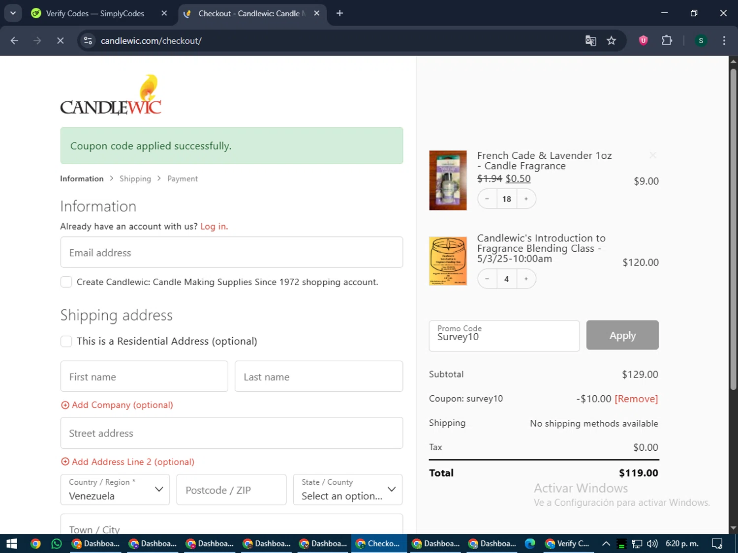 Candlewic promo code screenshot showing code Survey10 applied at Candlewic checkout page. Uploaded by SimplyCodes community member lilMosey on Jun 1, 2025