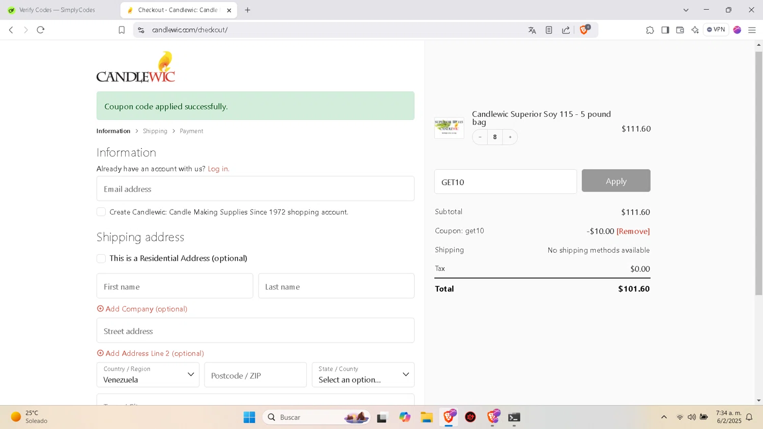 Candlewic promo code screenshot showing code GET10 applied at Candlewic checkout page. Uploaded by SimplyCodes community member esperanza on Feb 6, 2025