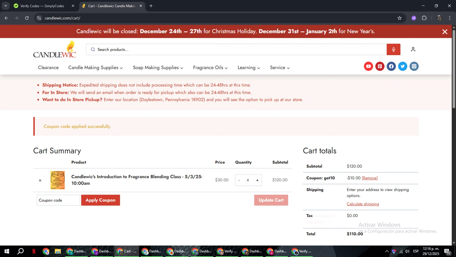 Candlewic promo code screenshot showing code GET10 applied at Candlewic checkout page. Uploaded by SimplyCodes community member xxdddd on Dec 29, 2025
