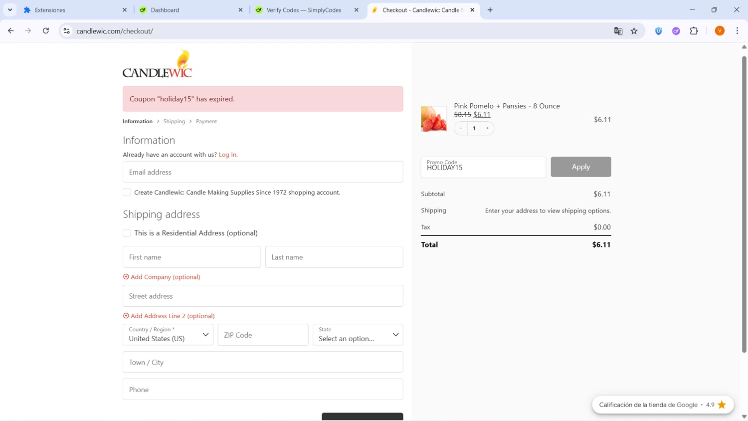 Candlewic promo code screenshot showing code HOLIDAY15 applied at Candlewic checkout page. Uploaded by SimplyCodes community member BrilliantLion4485 on Jan 6, 2026