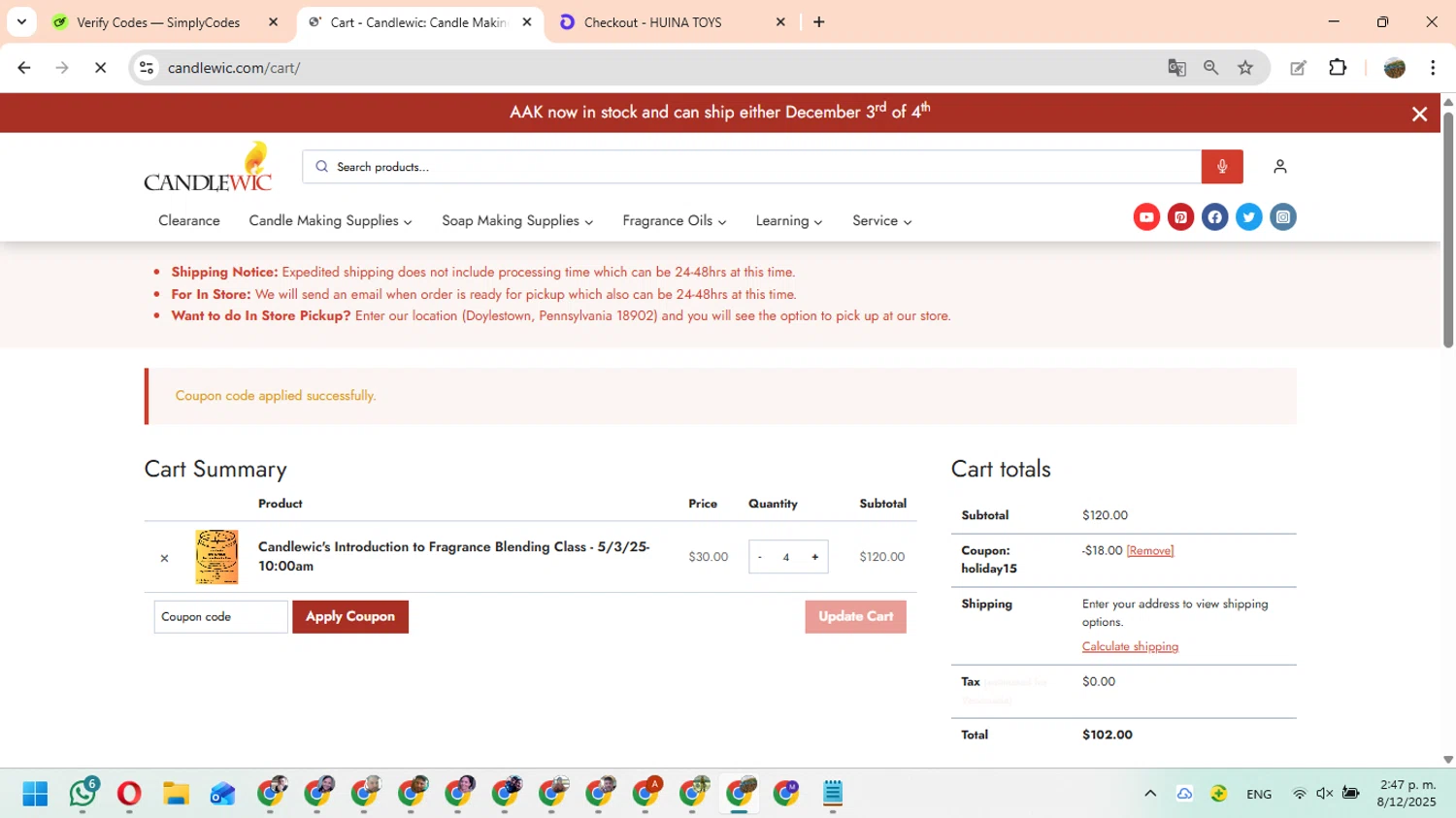 Candlewic promo code screenshot showing code HOLIDAY15 applied at Candlewic checkout page. Uploaded by SimplyCodes community member FundoEsperanza on Dec 8, 2025