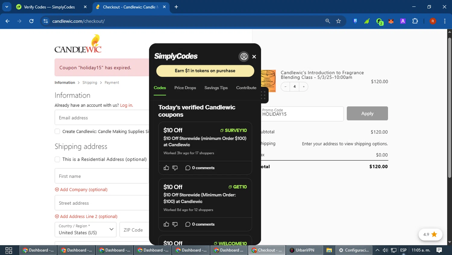 Candlewic promo code screenshot showing code HOLIDAY15 applied at Candlewic checkout page. Uploaded by SimplyCodes community member robertotorrealba on Jan 6, 2026