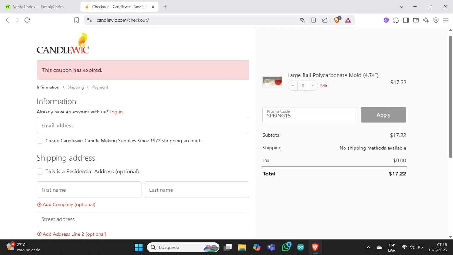 Candlewic promo code screenshot showing code SPRING15 applied at Candlewic checkout page. Uploaded by SimplyCodes community member Juanchoo on May 13, 2025