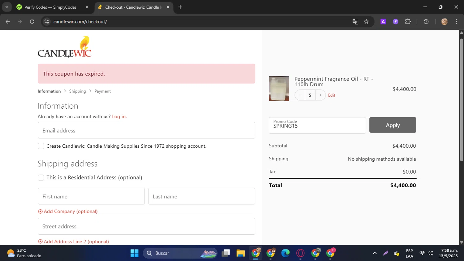 Candlewic promo code screenshot showing code SPRING15 applied at Candlewic checkout page. Uploaded by SimplyCodes community member SwiftPilot741 on May 13, 2025