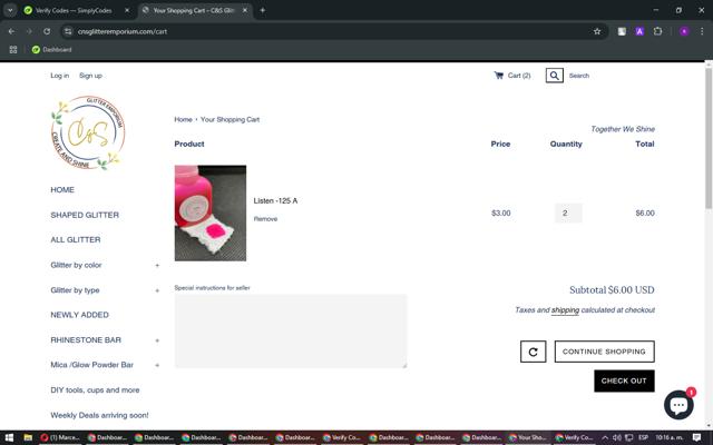C&S Glitter Emporium checkout page showing C&S Glitter Emporium promo code box | Screenshot taken by SimplyCodes community member on Mar 20, 2025