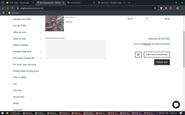 C&S Glitter Emporium checkout page showing C&S Glitter Emporium promo code box | Screenshot taken by SimplyCodes community member on Mar 20, 2025
