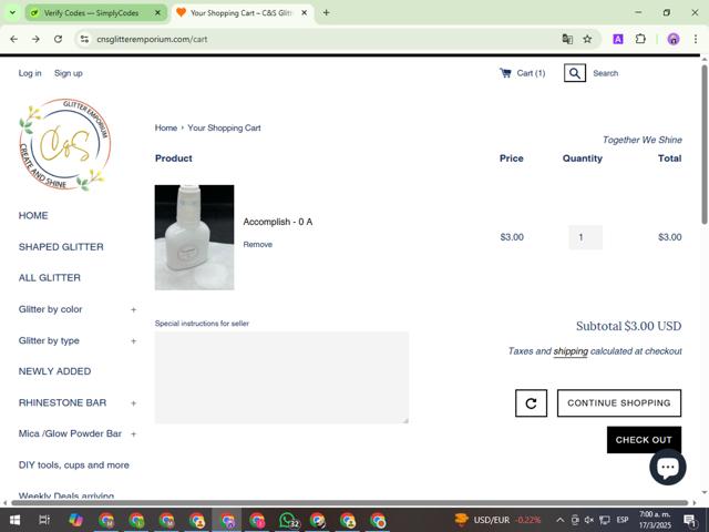 C&S Glitter Emporium checkout page showing C&S Glitter Emporium promo code box | Screenshot taken by SimplyCodes community member on Mar 17, 2025