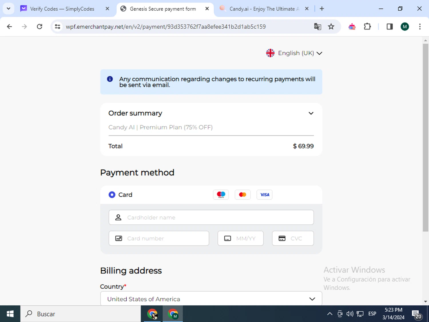 Candy.ai checkout page showing Candy.ai promo code box | Screenshot taken by SimplyCodes community member on Mar 14, 2024