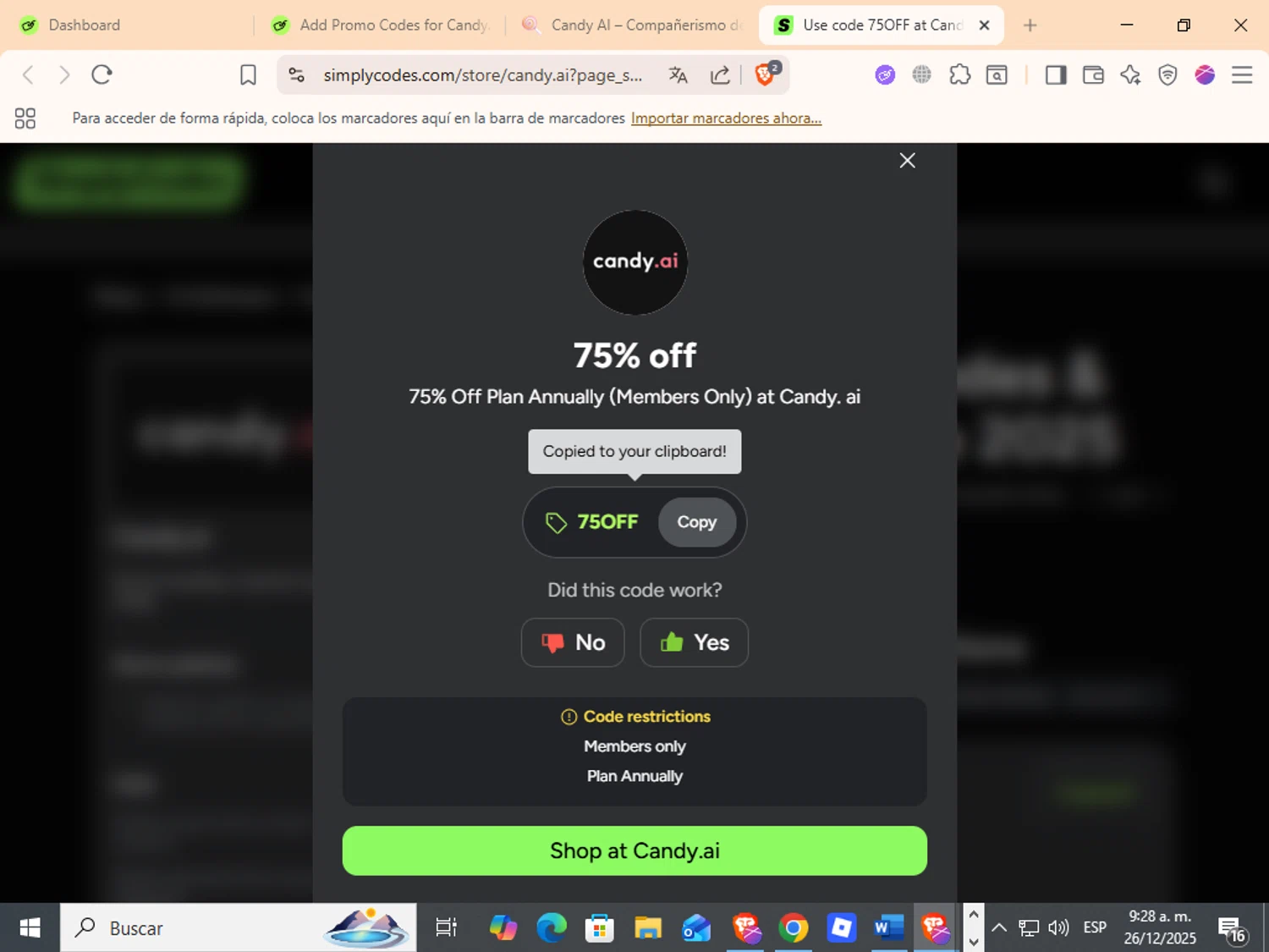 Candy.ai promo code screenshot showing code 75OFF applied at Candy.ai checkout page. Uploaded by SimplyCodes community member ANDREWW on Dec 26, 2025