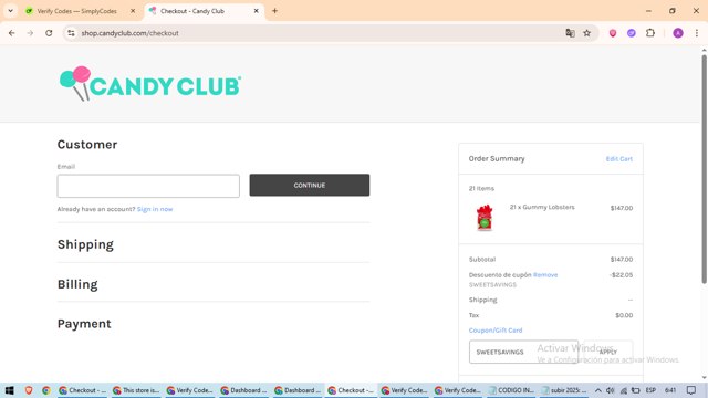 Candy Club checkout page showing Candy Club promo code box | Screenshot taken by SimplyCodes community member on Aug 17, 2025