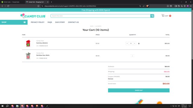 Candy Club checkout page showing Candy Club promo code box | Screenshot taken by SimplyCodes community member on Jul 10, 2025